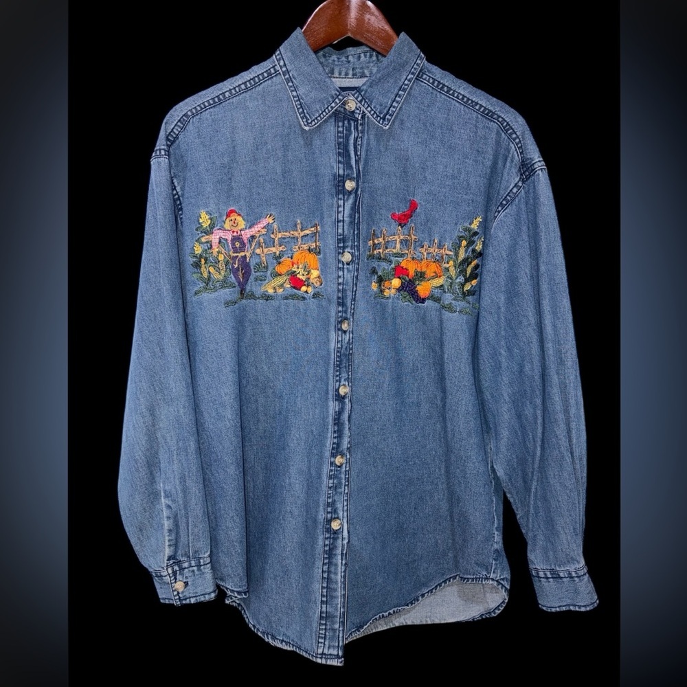 Vintage Solutions Denim Shirt Embroidered Harvest Scarecrow Pumpkin Size M